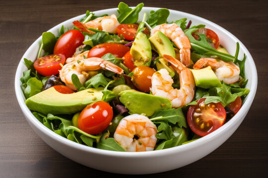 Shrimp Scampi Salad with Arugula, Cherry Tomatoes, and Avocado Slices in a White Bowl, generative ai