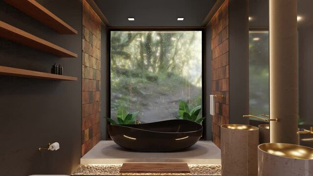 Slow revealing shot of a stunning bathroom with a black bathtub with the forest behinds