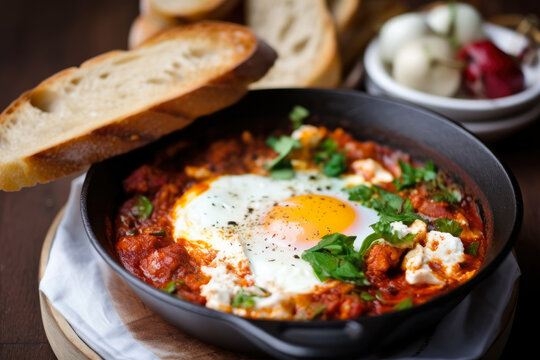 Shakshuka with a twist - a spicy and smoky version with chorizo sausage, served with a side of crusty bread, generative ai