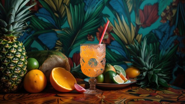 Exotic Escape: A Cocktail with a Tropical Flair and Vibrant Colors, AI-Generated
