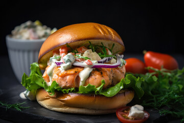 Salmon burger with lettuce, tomato, and dill mayo on a fluffy brioche bun, served with a side of coleslaw, generative ai