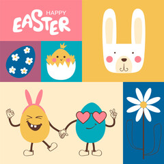 Obraz na płótnie Canvas Happy easter. Vector modern Easter background in retro style. Cartoon Easter symbols: eggs, rabbit, chicken. Suitable for posting on social networks, posters, banners, covers or postcards.