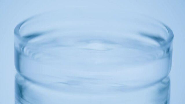 Drop is falling into petri dish with cosmetic or medical liquid in slow motion. Dermatology science laboratory. Concept of natural medicine or cosmetic research and organic skin or body care products