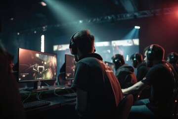 World Cup.Cybersport team involved in online tournament in gaming club . Team of professional cybersport gamers in gaming tournament Generative AI