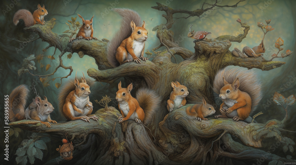 Poster  A group of enchanted squirrels living in a mystical Generative AI