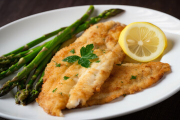 Pan-fried catfish fillets with a buttery lemon sauce and a side of garlicky roasted asparagus, generative ai