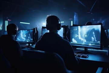 World Cup.Cybersport team involved in online tournament in gaming club . Team of professional cybersport gamers in gaming tournament Generative AI
