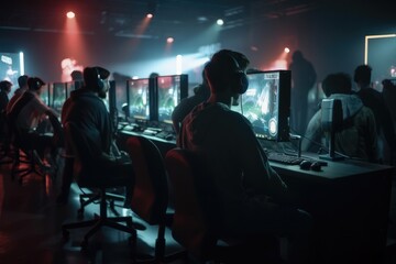 World Cup.Cybersport team involved in online tournament in gaming club . Team of professional cybersport gamers in gaming tournament Generative AI