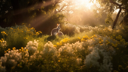 Obraz na płótnie Canvas A rabbit hopping in a flowering meadow with the sun Generative AI