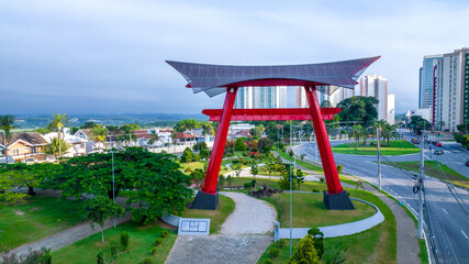 Aerial view of Riugi Kojima Square in Sao Jose dos Campos, Brazil. Japanese monument and garden