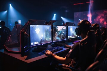 World Cup.Cybersport team involved in online tournament in gaming club . Team of professional cybersport gamers in gaming tournament Generative AI - obrazy, fototapety, plakaty