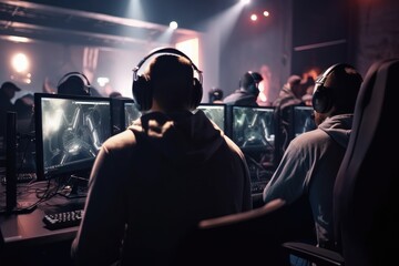 World Cup.Cybersport team involved in online tournament in gaming club . Team of professional cybersport gamers in gaming tournament Generative AI