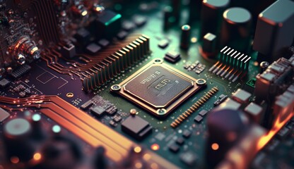 Fototapeta na wymiar Close-up of an electrical circuit board with a CPU and microchip. Generative AI