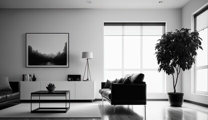 modern minimalistic interior design of light bright monochrome room with black and white furniture, clean white walls and huge windows.Generative AI.