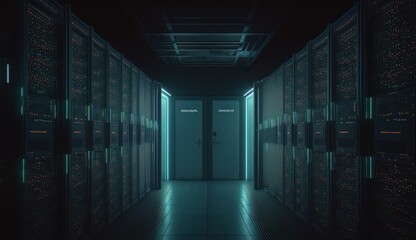 Fototapeta premium Digital data transfer to data servers in a server room, is extremely Real. Generative AI