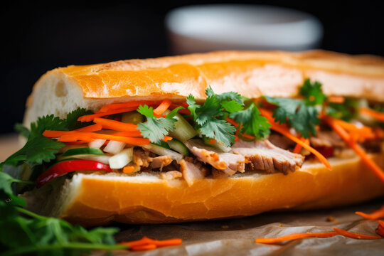 mouth-watering close-up of a Banh Mi sandwich filled with pork, pickled vegetables, cilantro, and chili peppers on a toasted baguette, generative ai