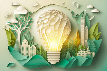 paper cut eco city with plants and light bulb, energy conservation concept. Renewable energy by 2050. CO2 greenhouse gas emissions. ai generative