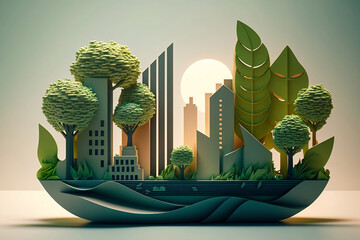 paper cut eco city among nature, green energy concept. Renewable energy by 2050. Greenhouse gas emissions CO2. AI generative