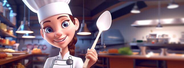 beautiful woman chief at her restaurant kitchen smiling and cooking with passion as wide banner with copyspace area - Generative AI