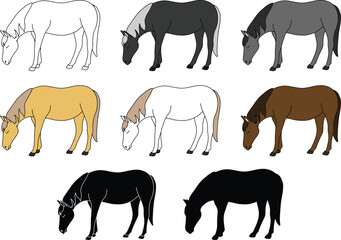 Horse Grazing Clipart Set - Outline, Silhouette & Color