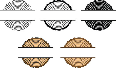 Tree Rings Split Label Logo Clipart Set - Outline, Silhouette and Color