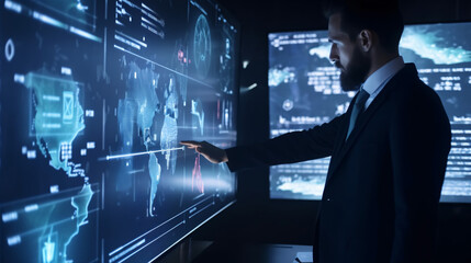 a man standing in front of a futuristic digital holographic screen and adjusting some parameters, cyber security, threat investigation, digital forensic investigation, generative ai