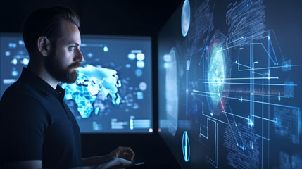 a man standing in front of a futuristic digital holographic screen, cyber security, threat investigation, digital forensic investigation, generative ai