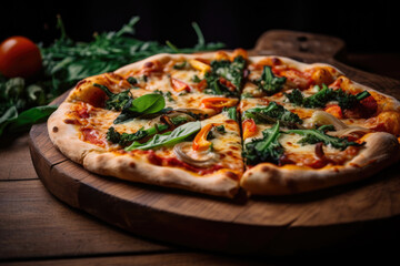 Macro shot of gourmet pizza loaded with fresh vegetables and herbs on a rustic wooden board, generative ai