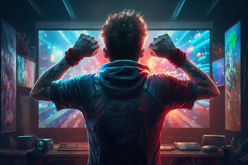 Gamer rejoices in the victory in game room. Generative AI