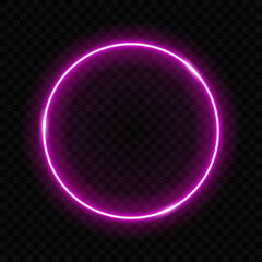 Neon circle. Light glow round purple color isolated on dark background. illuminated frame for design print. Abstract digital circe. Glowing flare loop. Speckle radial circular. Vector illustration