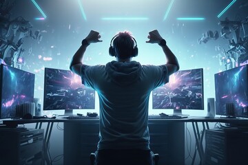 Gamer rejoices in the victory in game room. Generative AI