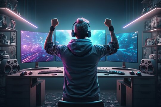 Gamer rejoices in the victory in game room. Generative AI