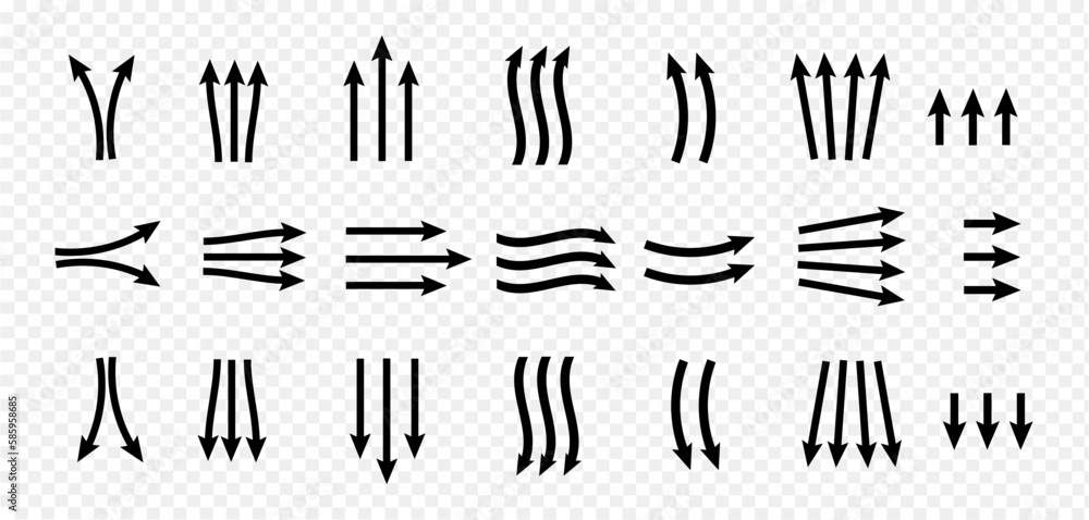 Aufkleber set of black arrows. airflow direction. the flow of the wind. wavy pointers in provo, up, down. vect