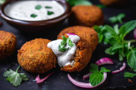 Macro shot of crispy falafel bites served with a tangy tzatziki sauce and topped with sliced red onions and fresh mint leaves, generative ai