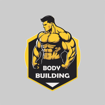 Fitness gym badge or emblem vector illustration. Man bodybuilder silhouette for t-shirt, print stamp. Retro logo design.