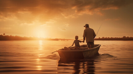 a father and son go fishing at sunset, Generative AI