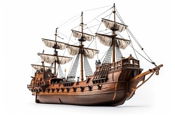 This is a miniature replica of a sailing ship from the 16th century, which has been designed with realistic elements and intricate details. The galleon ship is showcased on a white background.
