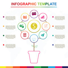 Abstract tree infographics elements. Colorful infographic template with 9 titles, Diagram with steps, business data presentation. Vector infographic. 
