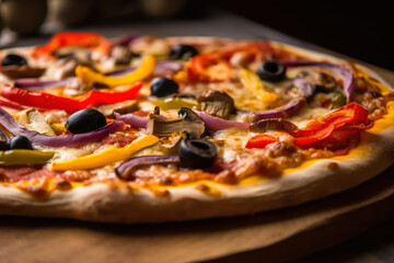 Macro shot of a vegetable pizza with mushrooms, onions, bell peppers, and olives on a wooden table, generative ai