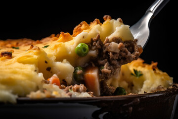 Macro shot of a spoon digging into a delectable Shepherd's pie, revealing layers of tender meat and vegetables topped with creamy mashed potatoes, generative ai