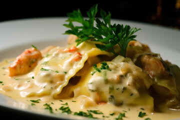 Macro shot of a single ravioli pasta stuffed with lobster and shrimp in a creamy sauce garnished with parsley, generative ai