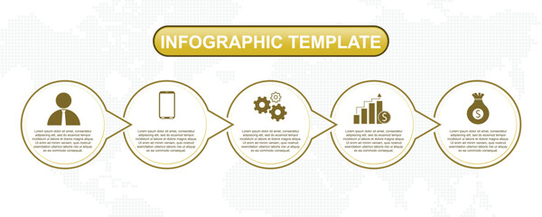 Gold infographic template with five titles, Diagram with steps, business data presentation. Vector infographic. 