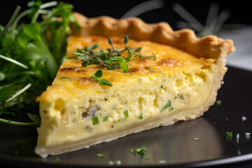 Macro shot of a quiche slice with flaky crust and rich filling, garnished with fresh herbs and cracked black pepper, generative ai