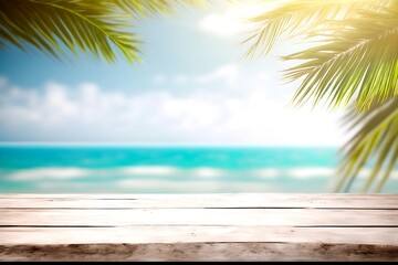 Wood table top with seascape and palm leaves, beautiful view tropical beach background, generative ai