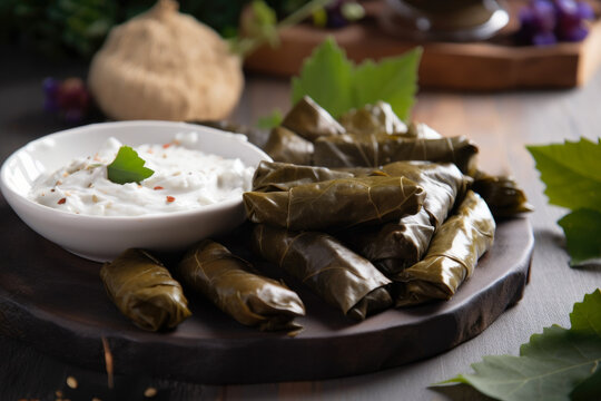 Macro shot of a platter of stuffed grape leaves with mouthwatering filling and fragrant spices served with fresh tzatziki sauce and crispy pita chips, generative ai