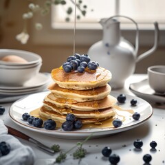 Delicious pancakes with honey, blueberries, light background. Generative AI