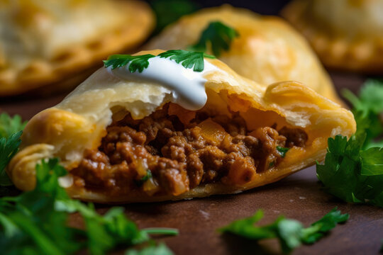 Macro shot of a freshly baked empanada with a spicy beef filling, topped with chopped cilantro and a drizzle of sour cream, generative ai