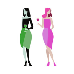 Two beautiful women friends drinking wine. Girls celebration together. Vector