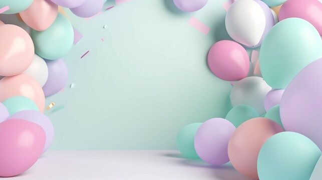 Pastel Blue Background with Pastel Multicolored Balloon Edge Border