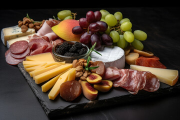 Macro Shot of a Charcuterie Board featuring a variety of sliced meats, cheese, and fruits presented on a black slate board, generative ai